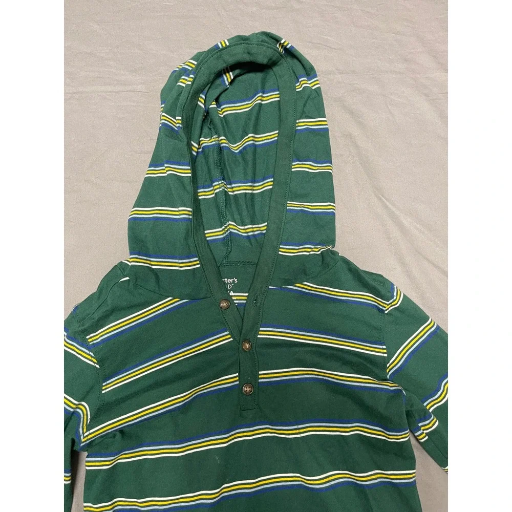 Carters Kid Boys Green Striped Hooded Henley Long Sleeve Shirt Size 8 8A Cotton